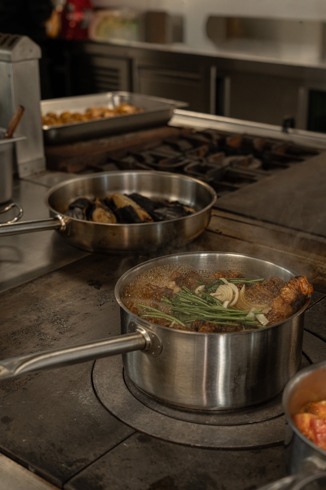 Casseroles sur le feu, herbes et oignons